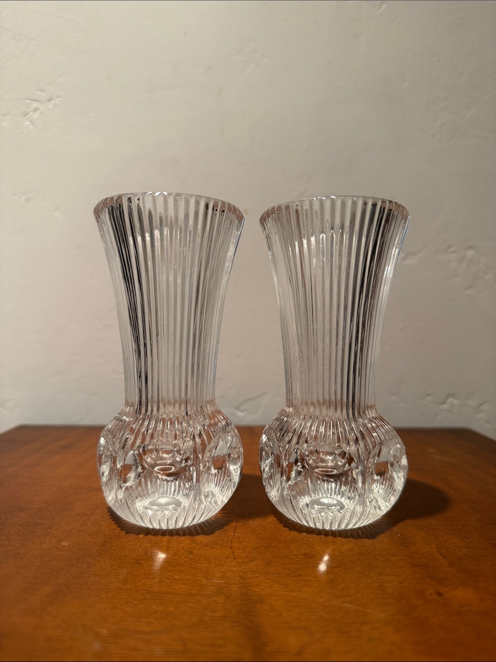 Vintage Pair Clear Glass Optic Ribbed Glass Bud Vases 4.75” Flared Trumpet